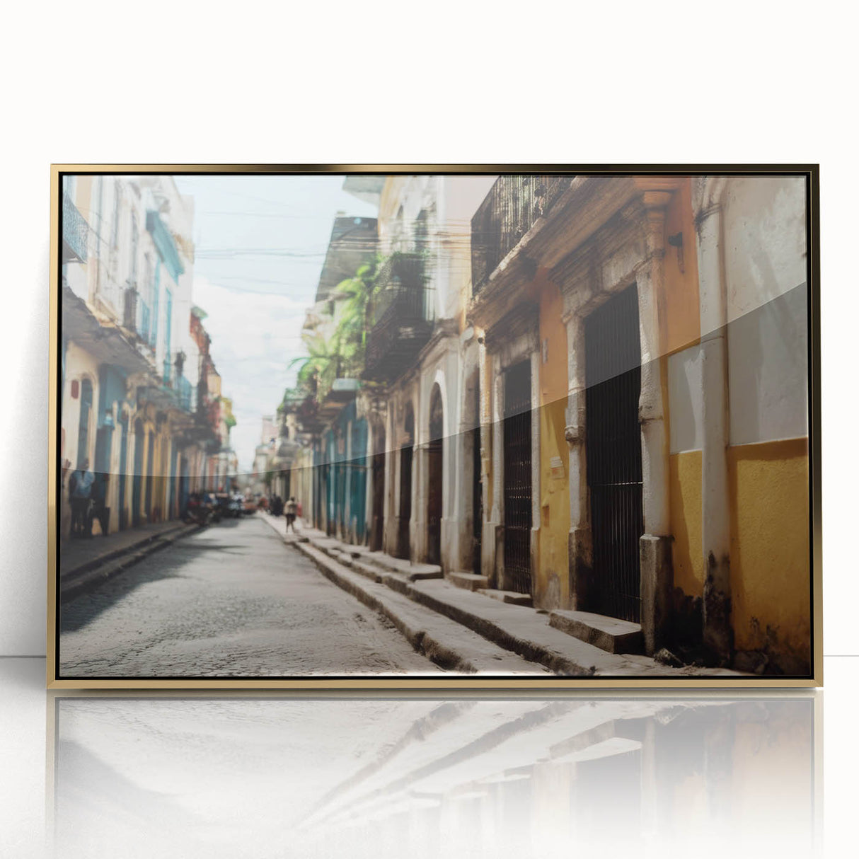 Mid-century modernist art depicting a Caribbean landscape in vibrant colors on a framed acrylic print.