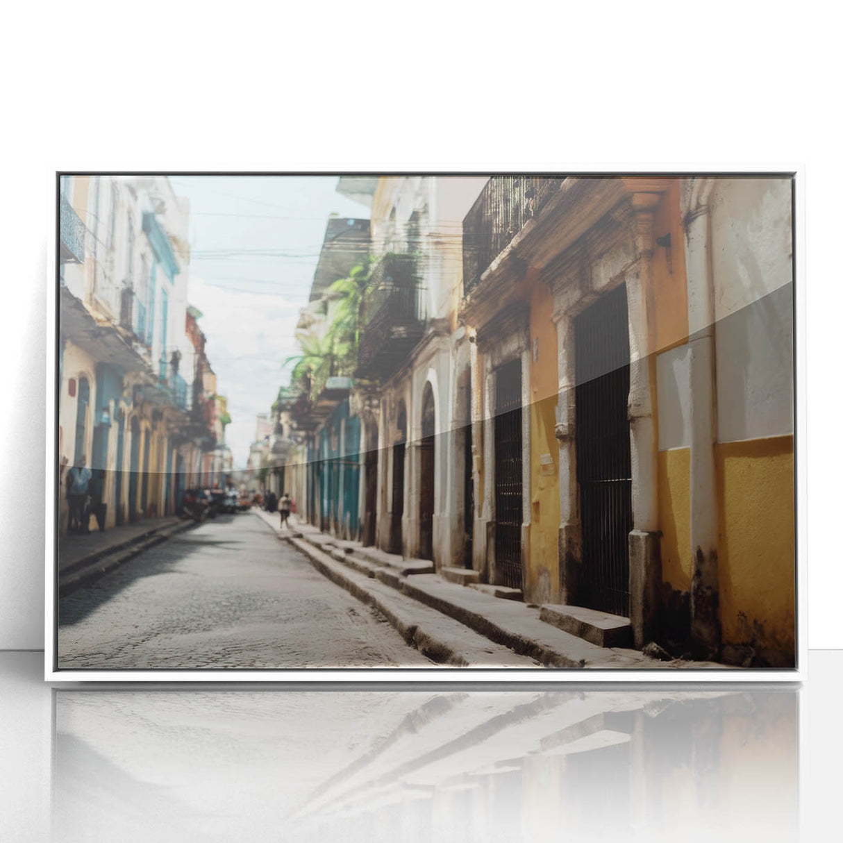 Large acrylic print of a Caribbean landscape in Haiti, framed in white, featuring mid-century modernist style.