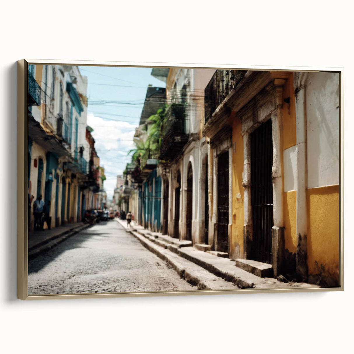 Framed canvas of a vintage-style Haitian landscape painting with vivid greens and blues, ideal for bedroom wall art.