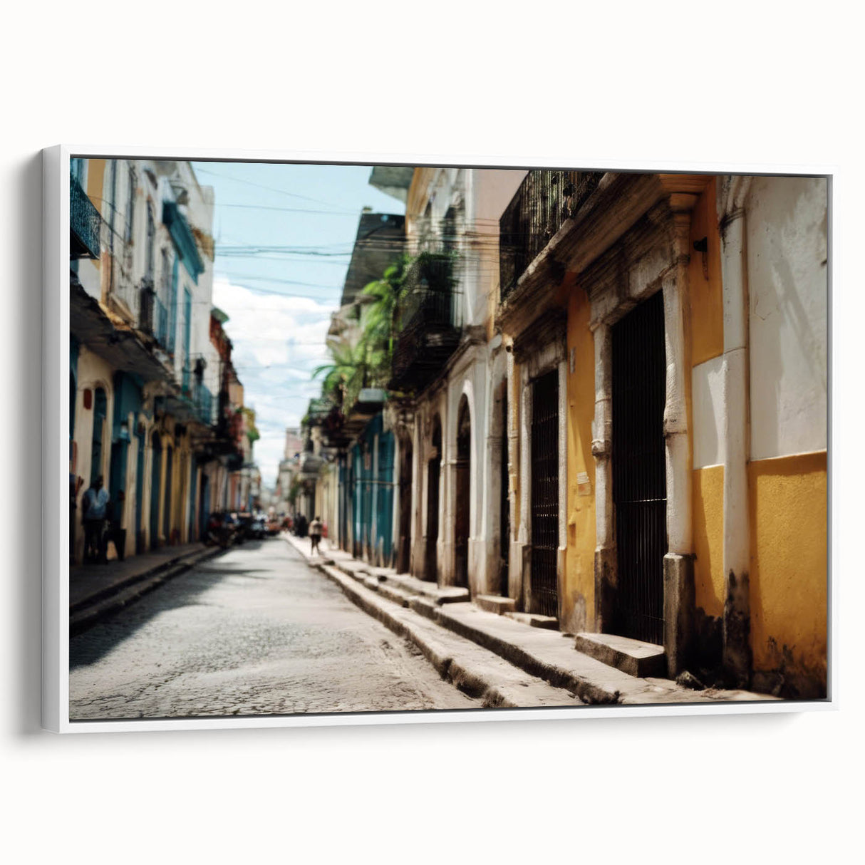 Vintage poster art of a Caribbean Haiti scenery in vibrant colors on a framed canvas, ideal for living room decor.