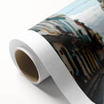 Art Deco style poster depicting a serene Caribbean scenery in soft blue and green tones on rolled canvas.