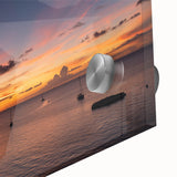 Mid-century modernist style large abstract wall art of Caribbean scenery, vibrant blue and green tones on acrylic glass.