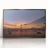 Art deco poster of a Caribbean scenery in Martinique with vibrant blue and green hues, framed in gold acrylic.