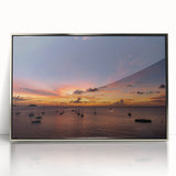 Large art print of a Caribbean Martinique scenery in muted green and blue tones, mid-century modernist style.