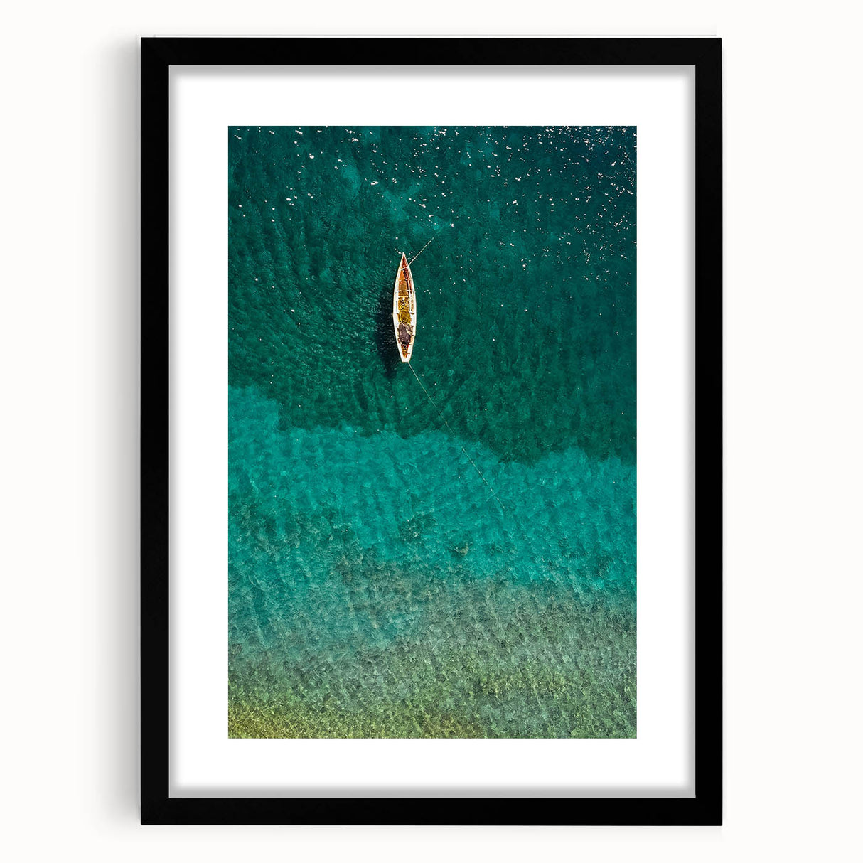 Extra large abstract art print of Caribbean Saint Lucia scenery in vibrant colors on a textured canvas, framed in black.