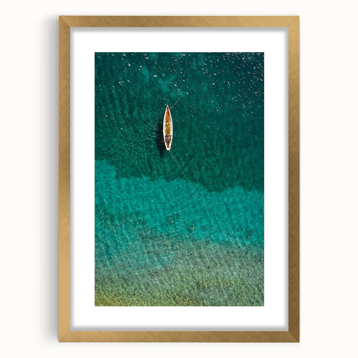 Extra large abstract art print of Caribbean Saint Lucia scenery in gold frame, textured finish, ideal for living room decor.