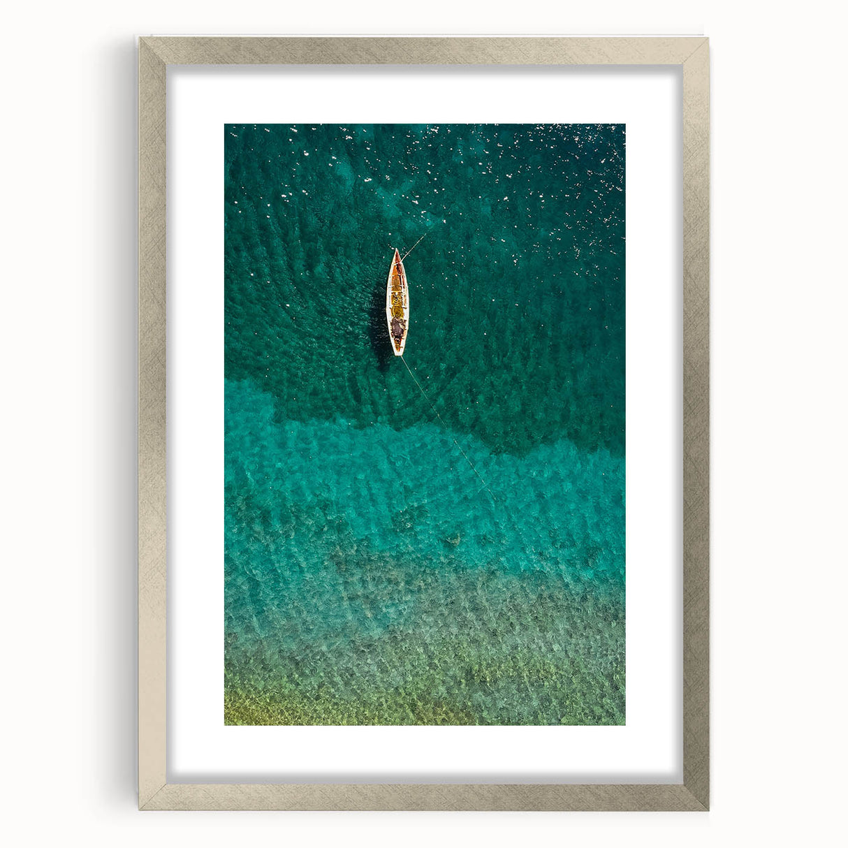Textured abstract art print of a Caribbean landscape in muted blue and green tones, framed in silver, ideal for bedroom art.