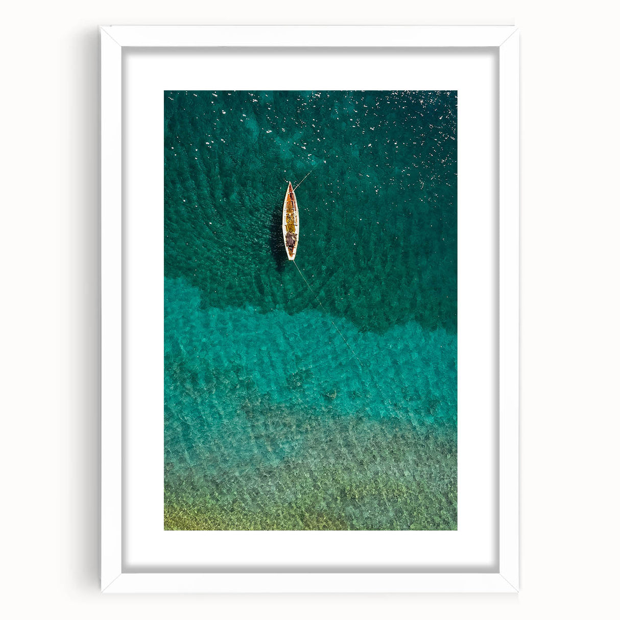 Abstract art print of a Caribbean Saint Lucia scenery in muted blue and green tones, framed with a white mat.