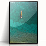 Large abstract wall art of Caribbean Saint Lucia scenery in muted blue and green tones, framed in black acrylic.