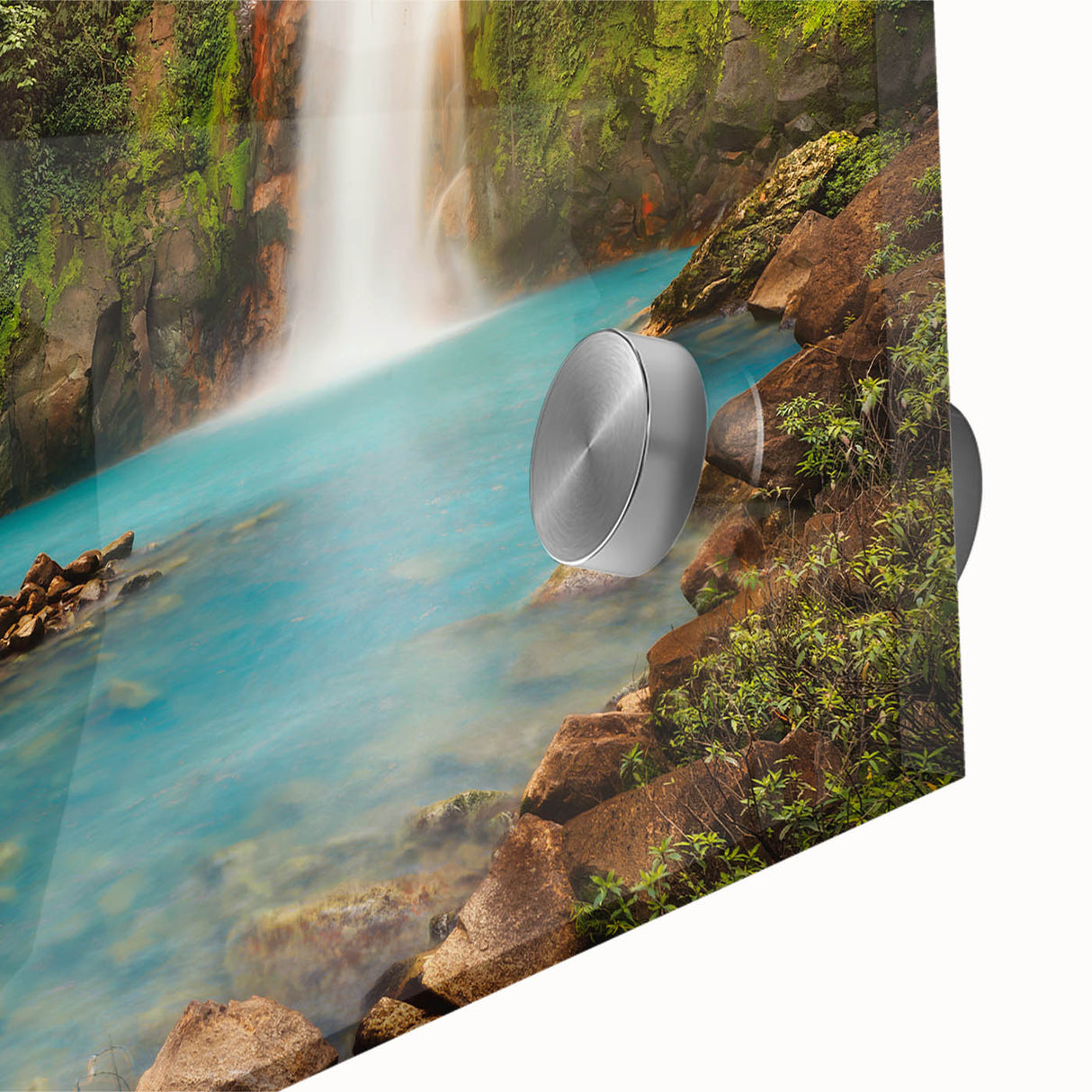Large abstract wall art depicting a Costa Rican landscape in vibrant green and blue tones on acrylic glass.