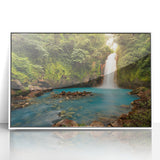 Acrylic print of a Costa Rican landscape in pastel colors, framed in white, suitable for nursery wall art.