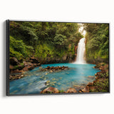 Black and white framed canvas featuring a vintage-style landscape painting of a Costa Rican scenery.