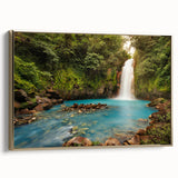 Vintage poster art of a Costa Rican landscape on framed canvas, featuring vibrant colors against a black background.