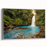 Landscape art painting of a Costa Rican scenery on a framed canvas, featuring vibrant green and blue tones.