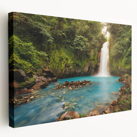 Large stretched canvas of a Costa Rican landscape in vibrant green and blue tones, perfect for kitchen wall art.