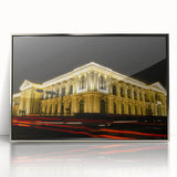 Mid-century modernist art featuring a serene El Salvador landscape in muted earth tones, framed in silver acrylic.