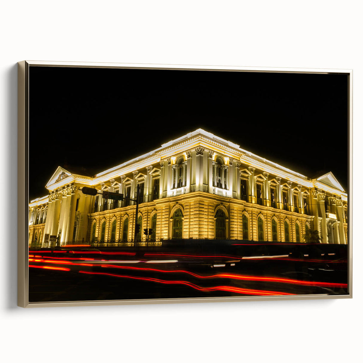 Framed canvas wall art depicting a vintage landscape of El Salvador in muted gold and black tones, ideal for bedroom decor.