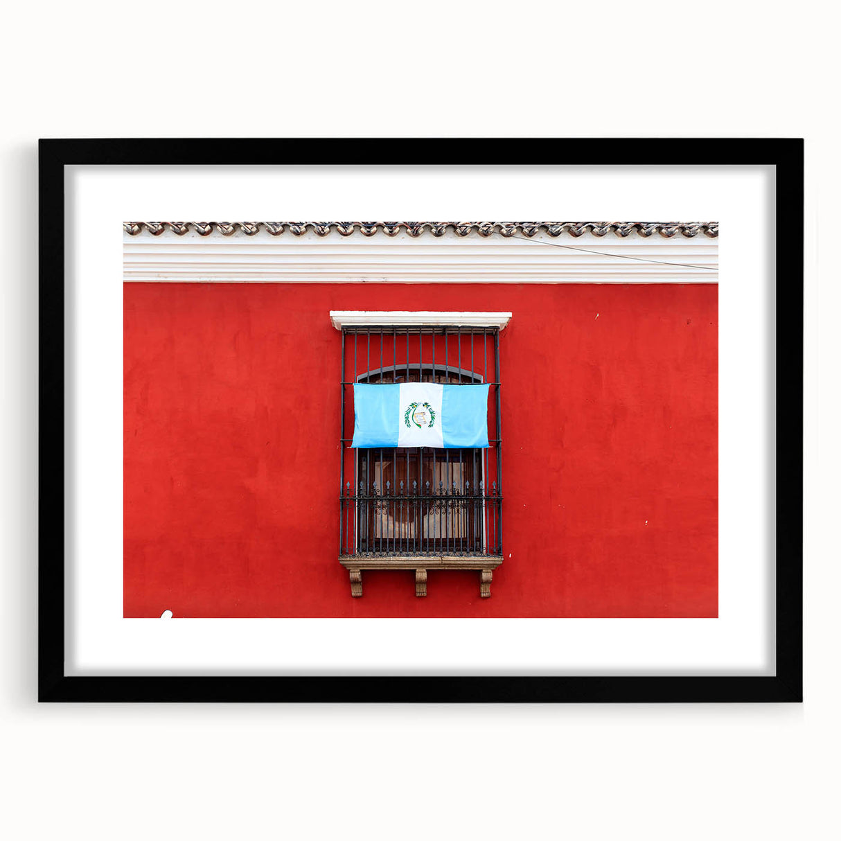 Extra large framed abstract print of a colorful Central American landscape, ideal for living room decor.
