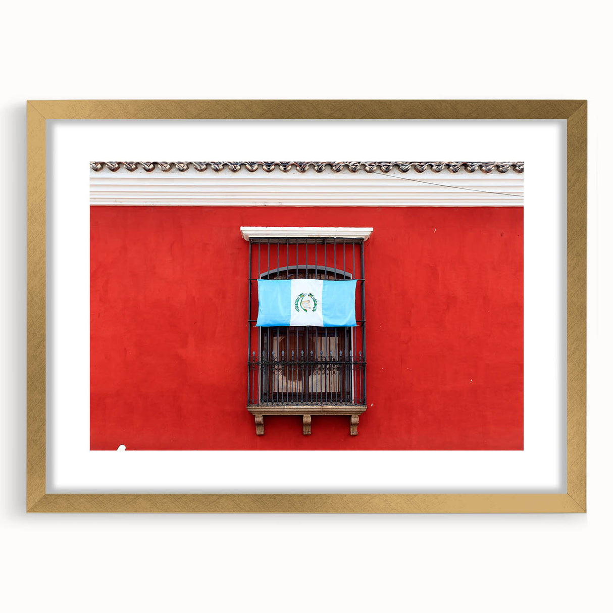 Extra large abstract art print featuring textured scenery of Central America, in gold frame, ideal for living room decor.