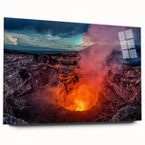 Large abstract wall art of a Nicaraguan landscape in vibrant hues on acrylic glass, ideal for bedroom or dining room decor.