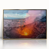 Large acrylic print of a Central American landscape in muted earth tones, framed in gold, suitable for modern art wall decor.