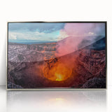 Mid-century modernist art depicting Central American scenery in muted earth tones on a silver-framed acrylic print.