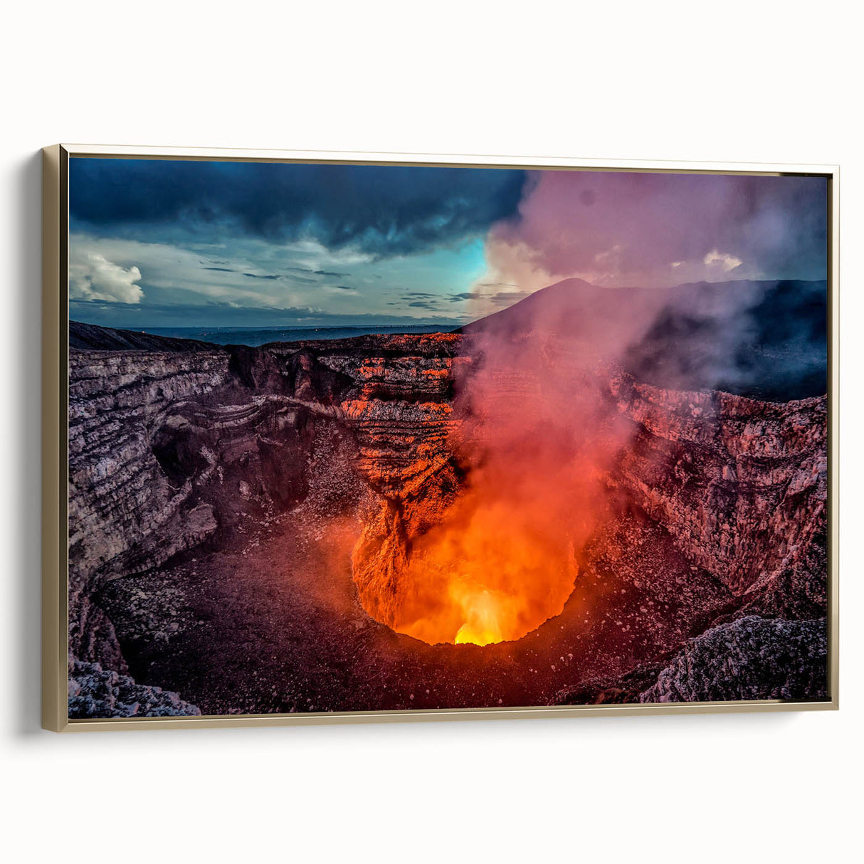 Framed canvas featuring a vintage-style landscape painting of Nicaragua in black and gold tones, ideal for bedroom wall art.