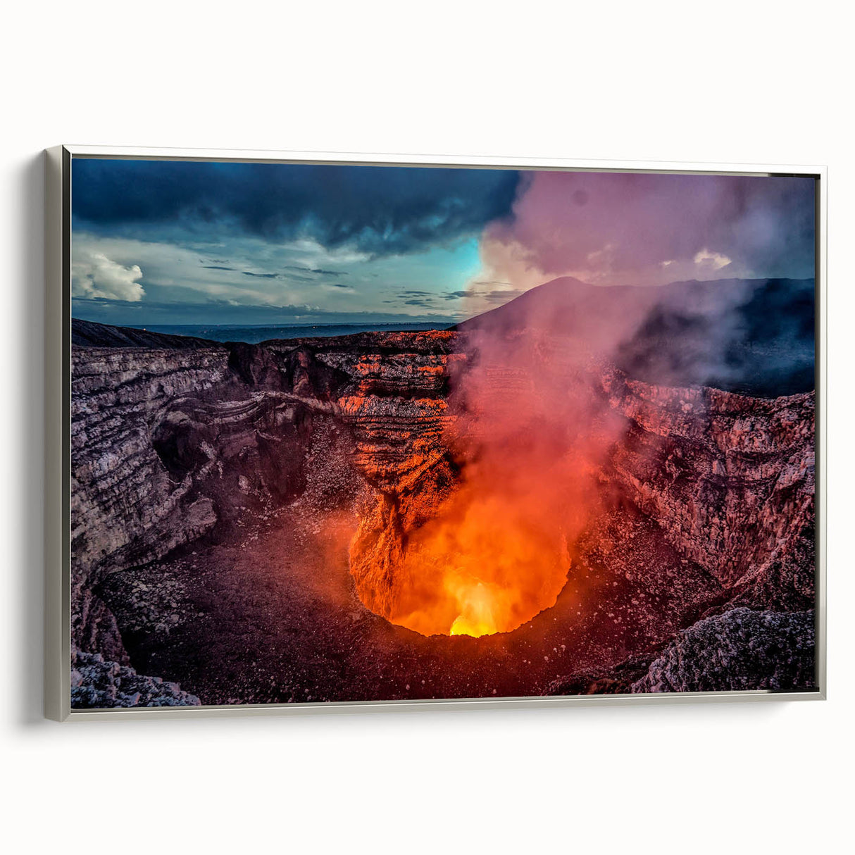 Framed canvas featuring a vintage-style landscape painting of a Nicaraguan scenery with colorful details and a black border.