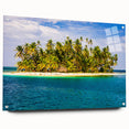 Acrylic glass print of a large abstract panorama in vibrant blue and green tones, ideal for dining room decor.