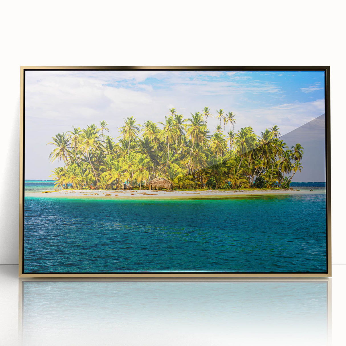 Large art print of a Central American scenery in Panama with a gold frame, acrylic material, ideal for modern art wall decor.