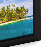 Close-up of a black framed canvas featuring a textured, colorful Central American scenery, ideal for living room decor.