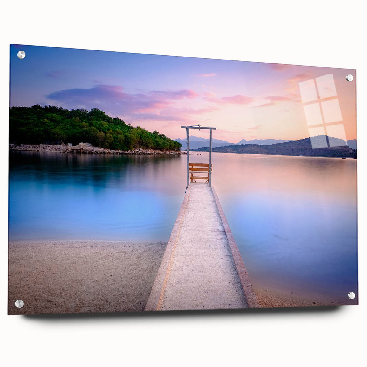 Acrylic print of a large abstract depiction of an Albanian landscape, in muted earth tones.