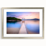 Extra large abstract art print depicting a textured European scenery in muted earth tones, framed in silver.