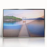 Mid-century modernist style large art print of a European Albanian landscape in silver framed acrylic.