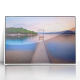 Mid-century modernist art depicting a European Albanian landscape in muted pastels on a framed acrylic.