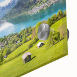 Mid-century modernist abstract scenery of an Austrian landscape on acrylic glass, using earthy tones.