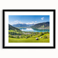 Colorful abstract art print of a European scenery in vibrant hues on a large framed canvas, ideal for living room decor.