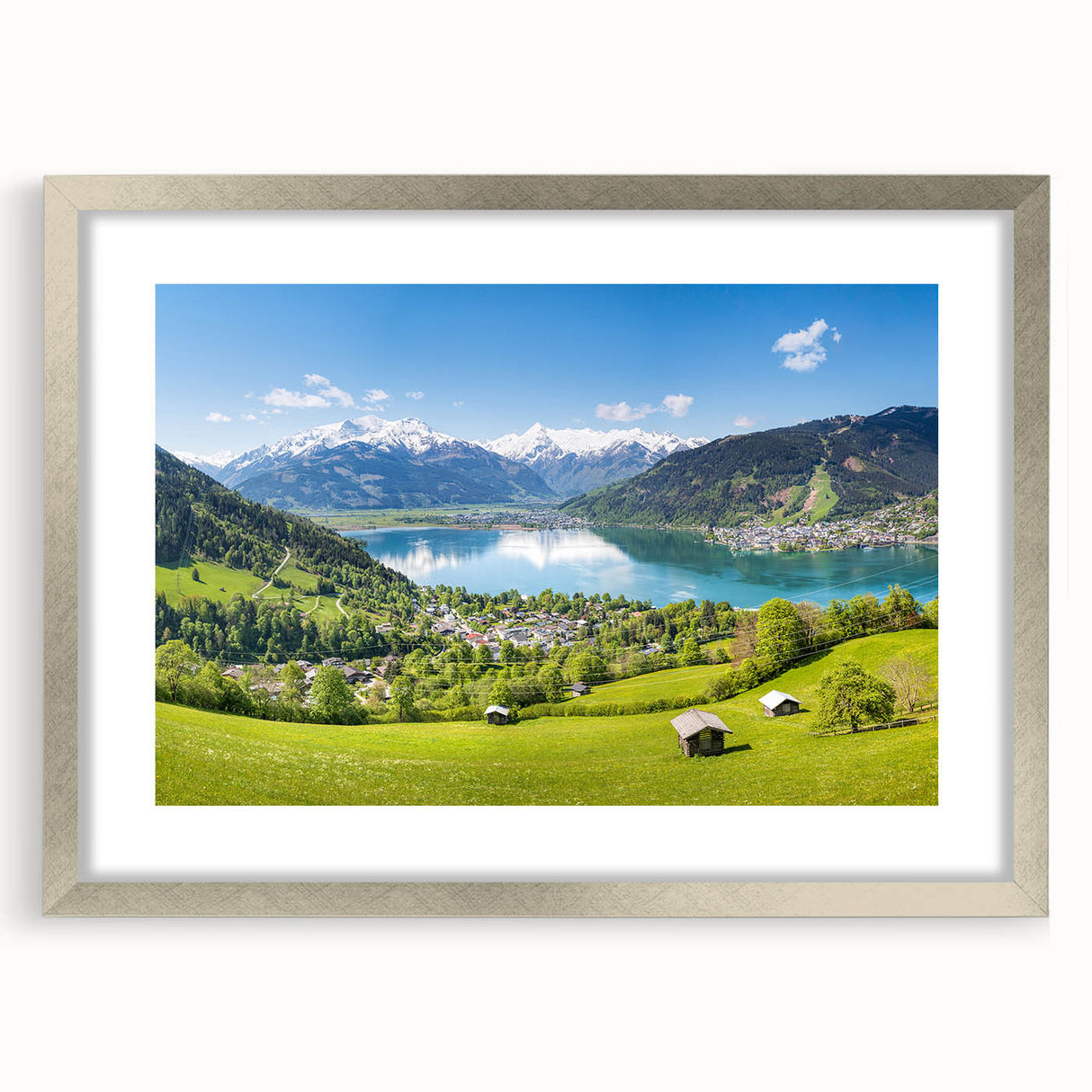 Abstract art print of a European scenery in textured silver frame, ideal for extra large wall art in a living room.
