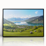 Large abstract wall art depicting a European Austrian landscape in muted earth tones on a framed acrylic.