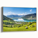 Framed canvas featuring a vintage-style landscape painting of an Austrian scenery in muted colors.