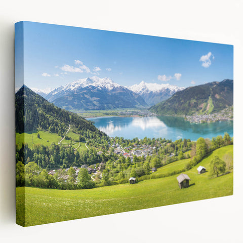 Landscape painting of an Austrian village on stretched canvas, featuring muted earth tones, ideal for kitchen wall art.