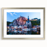 Extra large abstract art print depicting a textured European scenery in muted earth tones, framed in silver.