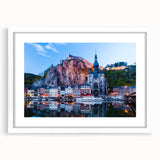 Textured abstract art print of a European scenery in muted earth tones, framed with a white mat, ideal for bedroom art.