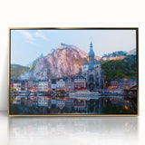 Art Deco-style poster of a European cityscape, featuring muted gold and blue tones on a framed acrylic print.