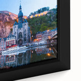 Extra large framed canvas featuring a textured depiction of a European scenery in black with colorful accents.