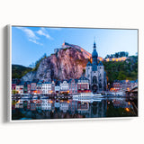 Vintage poster art of a scenic Belgian landscape on a framed canvas, featuring vibrant colors, ideal for living room decor.