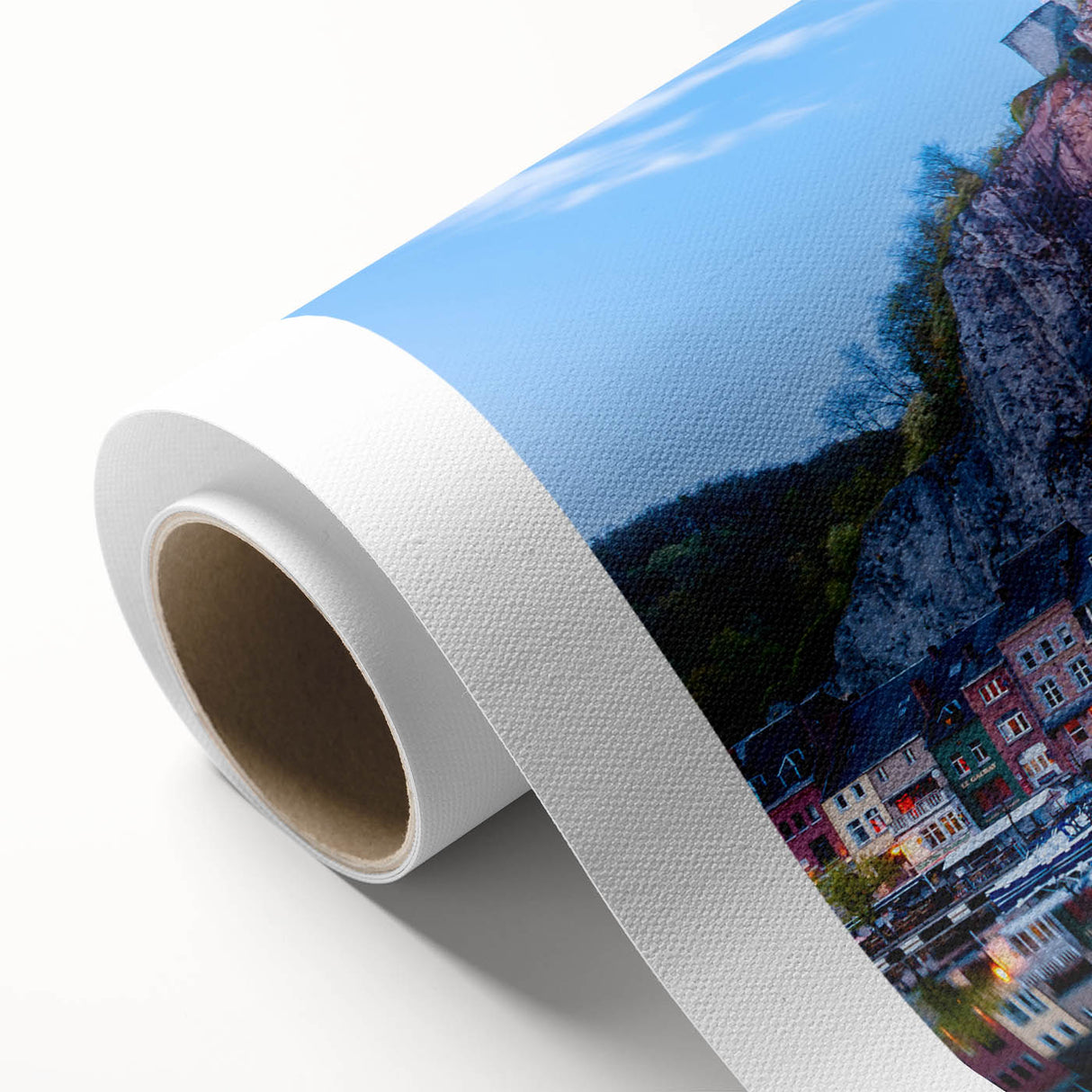 Art deco poster of a European Belgium scenery in muted pastel shades on rolled canvas, ideal for nursery wall art.