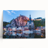 Black and white stretched canvas of a European cityscape, ideal for kitchen wall art.