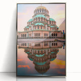 Large art print of a European Bulgarian landscape in muted earth tones on a silver-framed acrylic.