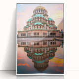 Mid-century modernist art depicting a scenic European landscape in Bulgaria, framed acrylic with muted earth tones.